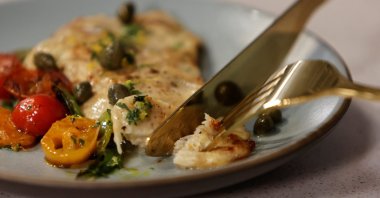 A cooked piece of cultivated chicken breast grown at the UPSIDE Foods plant in Emeryville, California, U.S., Jan. 11, 2023. (Reuters Photo)