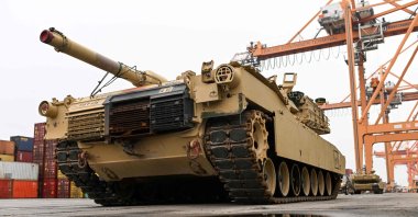 An M1A2 Abrams battle tank of the U.S. army that will be used for military exercises by the 2nd Armored Brigade Combat Team, is pictured at the Baltic Container Terminal in Gdynia, Dec. 3, 2022. (AFP File Photo)