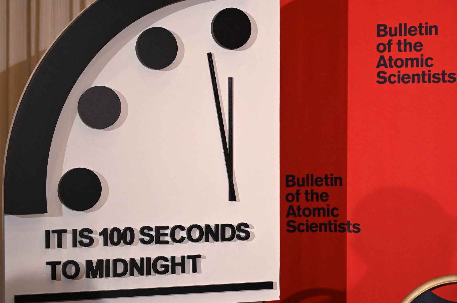 The Doomsday Clock reads 100 seconds to midnight, during an announcement at the National Press Club in Washington, U.S., Jan. 23, 2020. (AFP Photo)