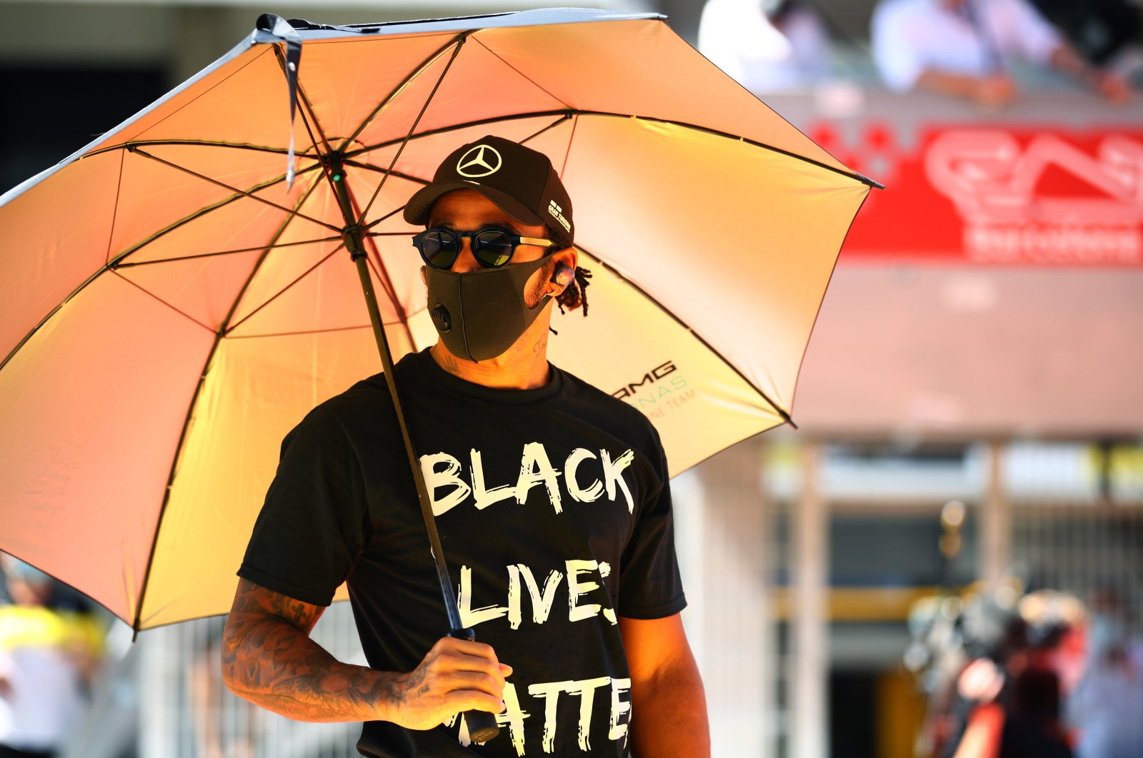 Great Britain&#039;s Lewis Hamilton on the grid wearing a &#039;Black Lives Matter&#039; t-shirt prior to the F1 Grand Prix of Spain at Circuit de Barcelona-Catalunya, Barcelona, Spain, Aug. 16, 2020. (Getty Images Photo)