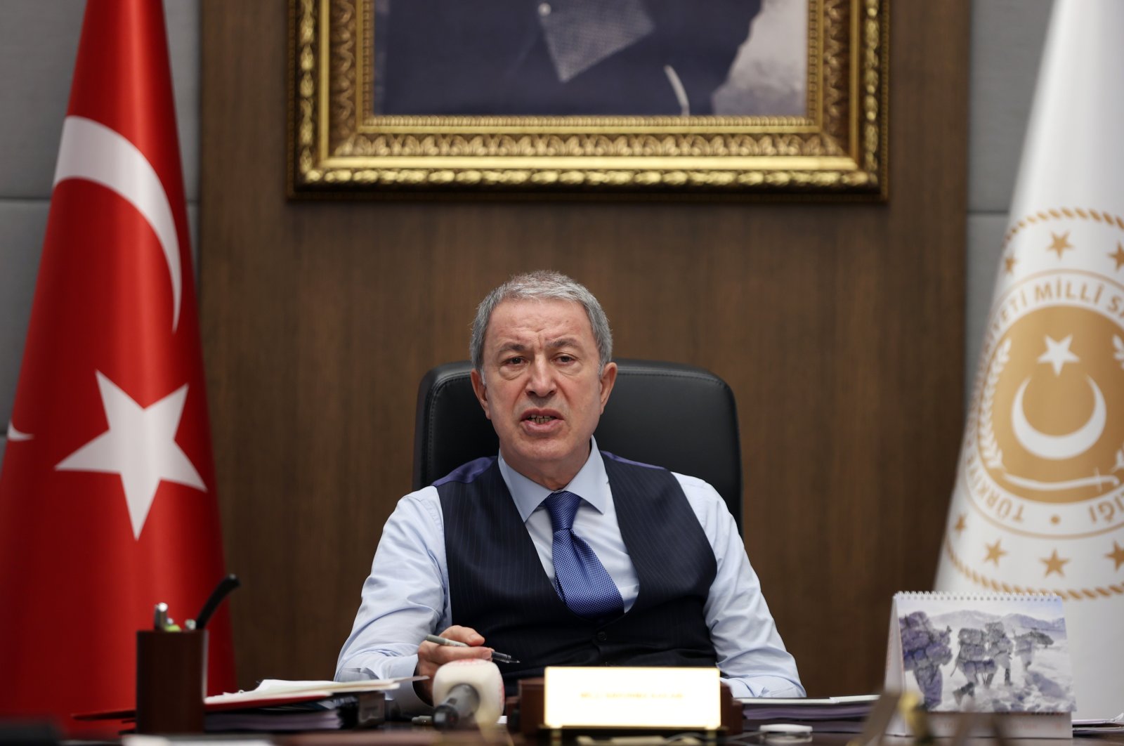 Defense Minister Hulusi Akar is seen speaking to high-ranking military officials in a video conference in Ankara, Türkiye, Jan. 23, 2023. (AA Photo)