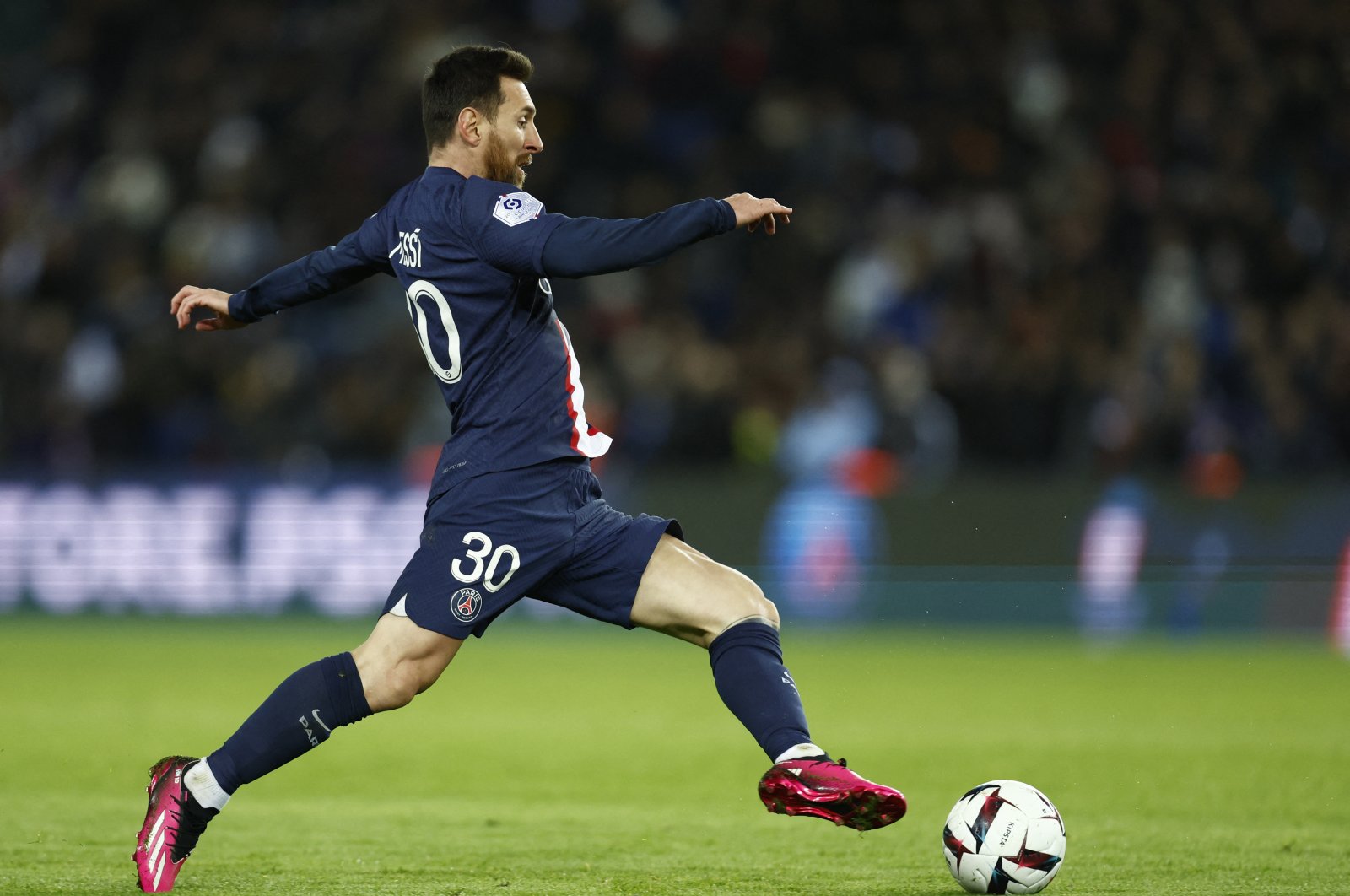 Paris Saint-Germain&#039;s Lionel Messi in action during a Ligue 1 match against Angers at the Parc des Princes, Paris, France, Jan. 11, 2023. (Reuters Photo)