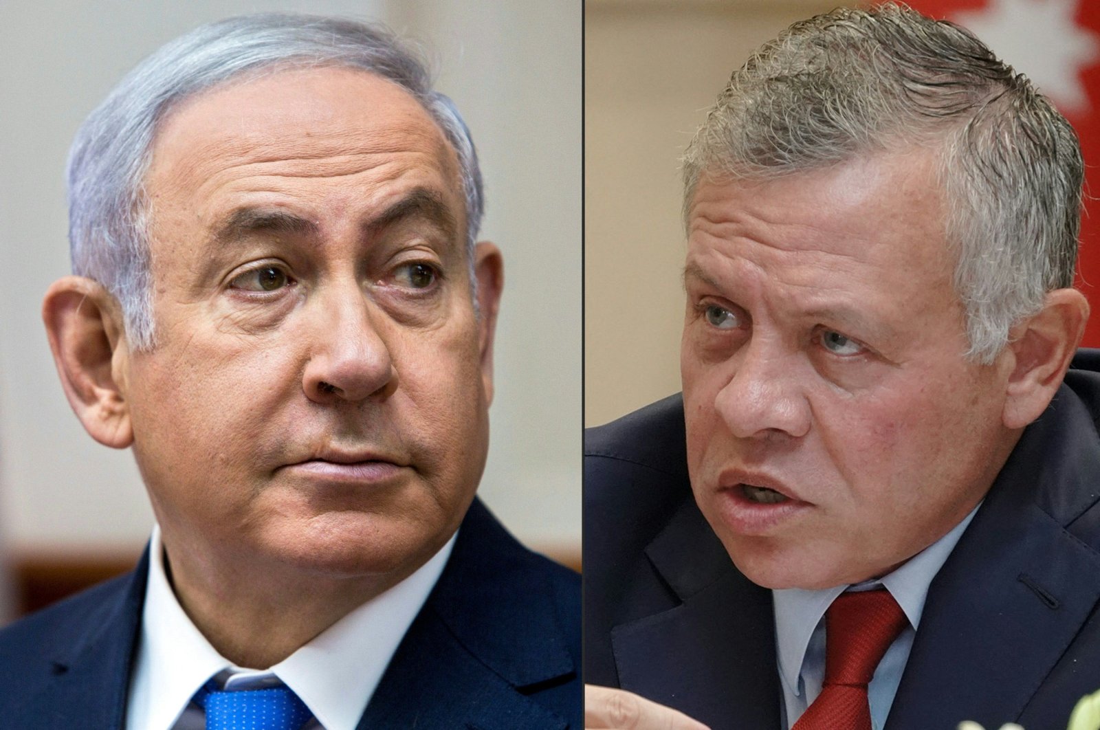  This file combo photo created on Oct. 21, 2018 shows Israeli Prime Minister Benjamin Netanyahu (L) attending a cabinet meeting at his office in Jerusalem on July 29, 2018; and a handout picture released by the Jordanian Royal Palace on Oct. 21, 2018, showing Jordanian King Abdullah II speaking during a meeting with local political figures in the capital Amman. (AFP File Photo)