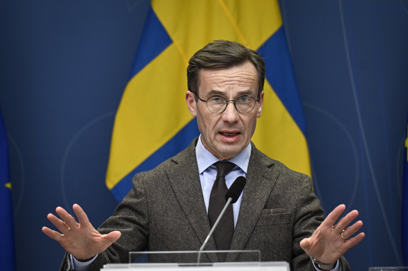 Sweden&#039;s Prime Minister Ulf Kristersson speaks during a news conference on Sweden&#039;s NATO membership bid, in Stockholm, Sweden, Jan. 24, 2023. (EPA Photo)