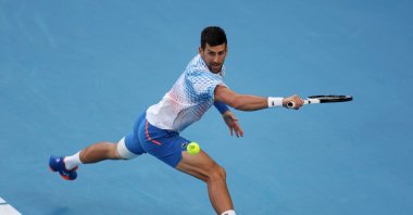 Serbia’s Novak Djokovic in action during his Australian Open quarterfinal match against Russia’s Andrey Rublev at Melbourne Park, Melbourne, Australia, Jan. 25, 2023. (Reuters Photo)