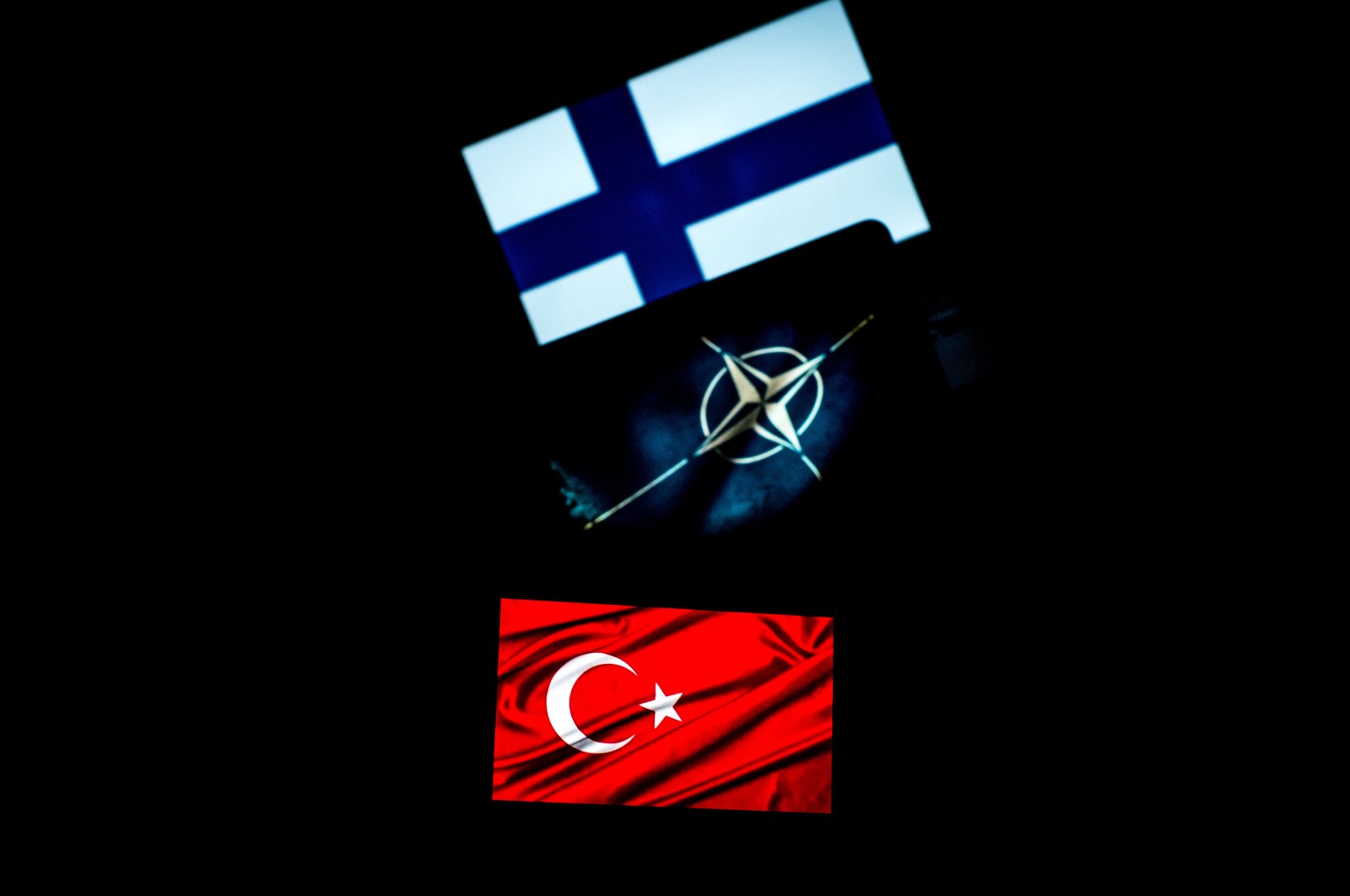Photographic compositions depicting the flags of Finland, Türkiye and NATO displayed on the screens of personal computers and smartphones in Rome, Italy, May 14, 2022. (Reuters File Photo)