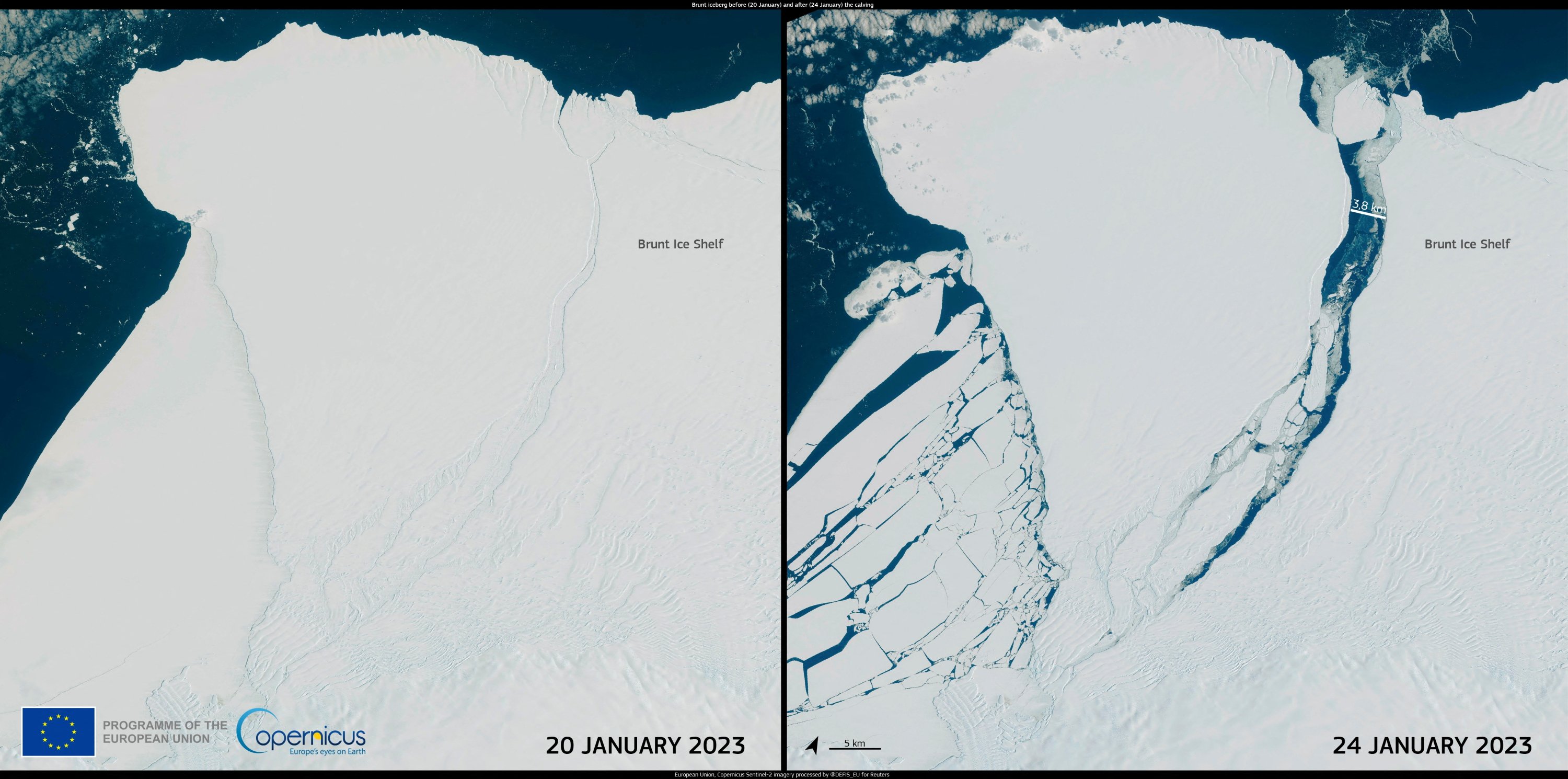 Pemandangan udara menunjukkan gunung es, hampir seukuran London Raya, yang pecah dari Rak Es Brunt, di Coats Land, Antartika, 24 Januari 2023. (Foto Reuters)