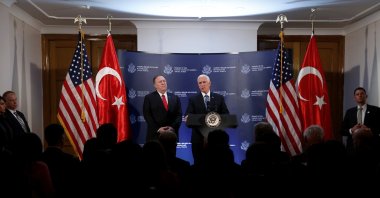 U.S. Vice President Mike Pence (R) speaks during a news conference, as U.S. Secretary of State Mike Pompeo (L) looks on, at the U.S. Embassy in Ankara, Türkiye, Oct. 17, 2019. (Reuters File Photo)