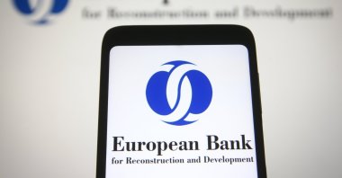 The European Bank for Reconstruction and Development (EBRD) logo is seen on a mobile phone screen, Kyiv, Ukraine, Nov. 4, 2021. (Shutterstock Photo)