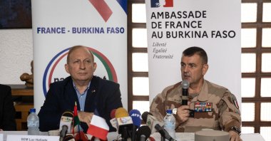 French ambassador to Burkina Faso Luc Hallade (L) and Gen. Laurent Michon (R), Commander of Barkhane Force, speak at a press conference, Ouagadougou, Burkina Faso, July 21, 2022. (AFP Photo)