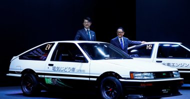 Toyota Motor Corporation President Akio Toyoda and Toyota's GAZOO Racing Company President Koji Sato attend an event for Toyota GAZOO Racing and LEXUS at Tokyo Auto Salon 2023 at Makuhari Messe in Chiba, east of Tokyo, Japan, Jan. 13, 2023. (Reuters Photo)