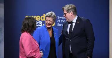 (From L to R) Sweden’s Minister for Migration Maria Malmer Stenergard, EU Commissioner for Home Affairs Ylva Johansson and Sweden’s Minister for Justice Gunnar Strommer attend the first informal meeting of the EU justice and home affairs ministers in Stockholm, Sweden, Jan. 26, 2023. (EPA Photo)