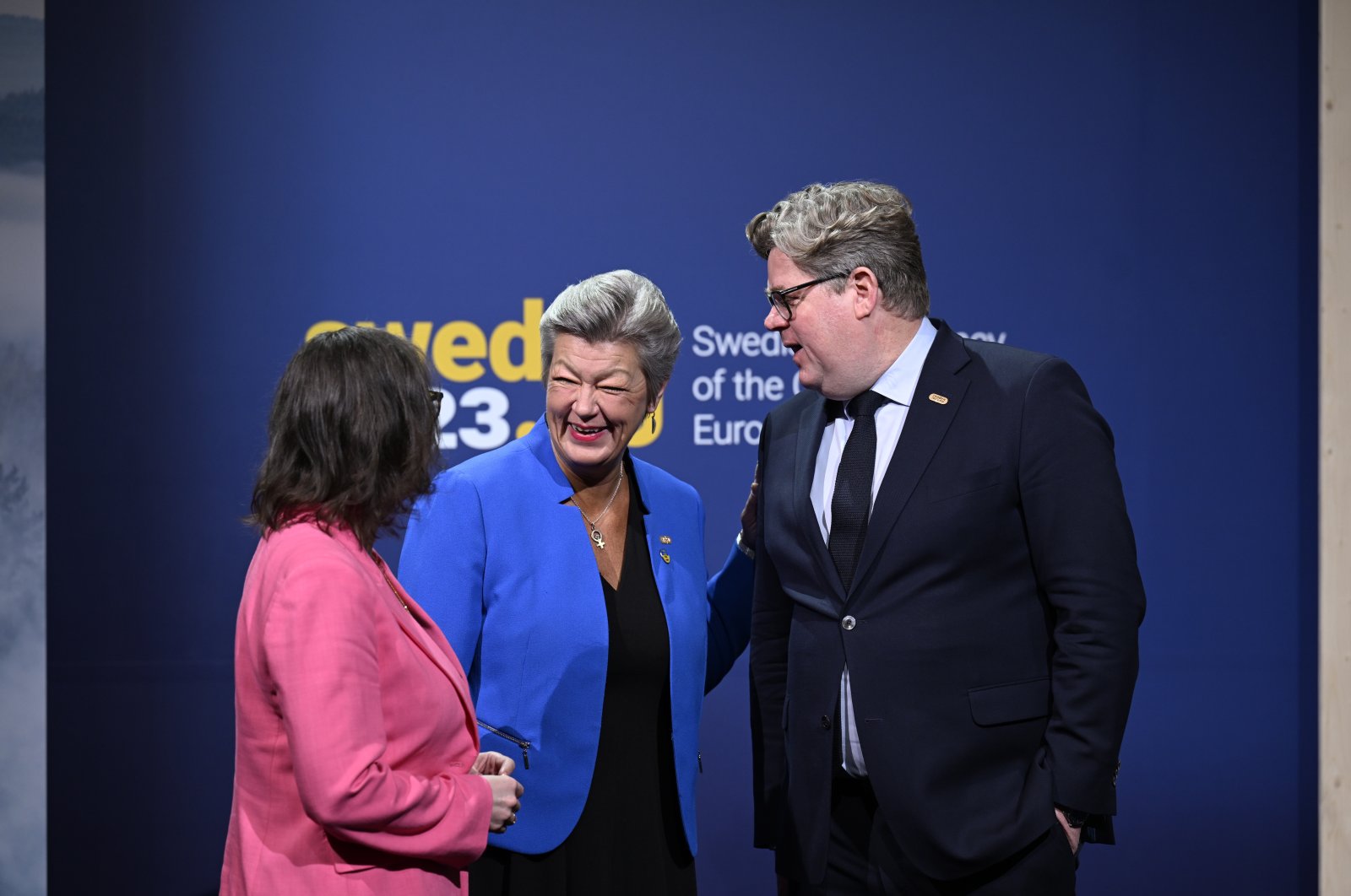 (From L to R) Sweden’s Minister for Migration Maria Malmer Stenergard, EU Commissioner for Home Affairs Ylva Johansson and Sweden’s Minister for Justice Gunnar Strommer attend the first informal meeting of the EU justice and home affairs ministers in Stockholm, Sweden, Jan. 26, 2023. (EPA Photo)