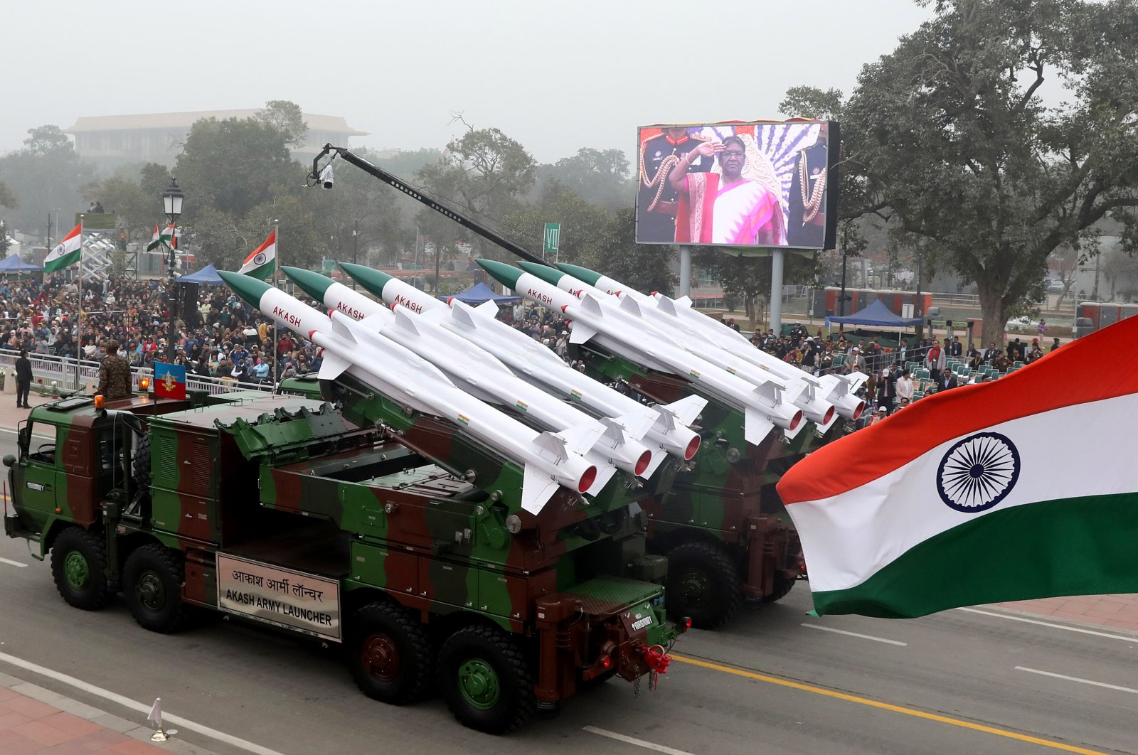 Indian Army&#039;s &#039;Akash&#039; rocket launching vehicles join a parade during the 74th Republic Day celebrations, New Delhi, India, Jan. 26, 2023. (EPA Photo)
