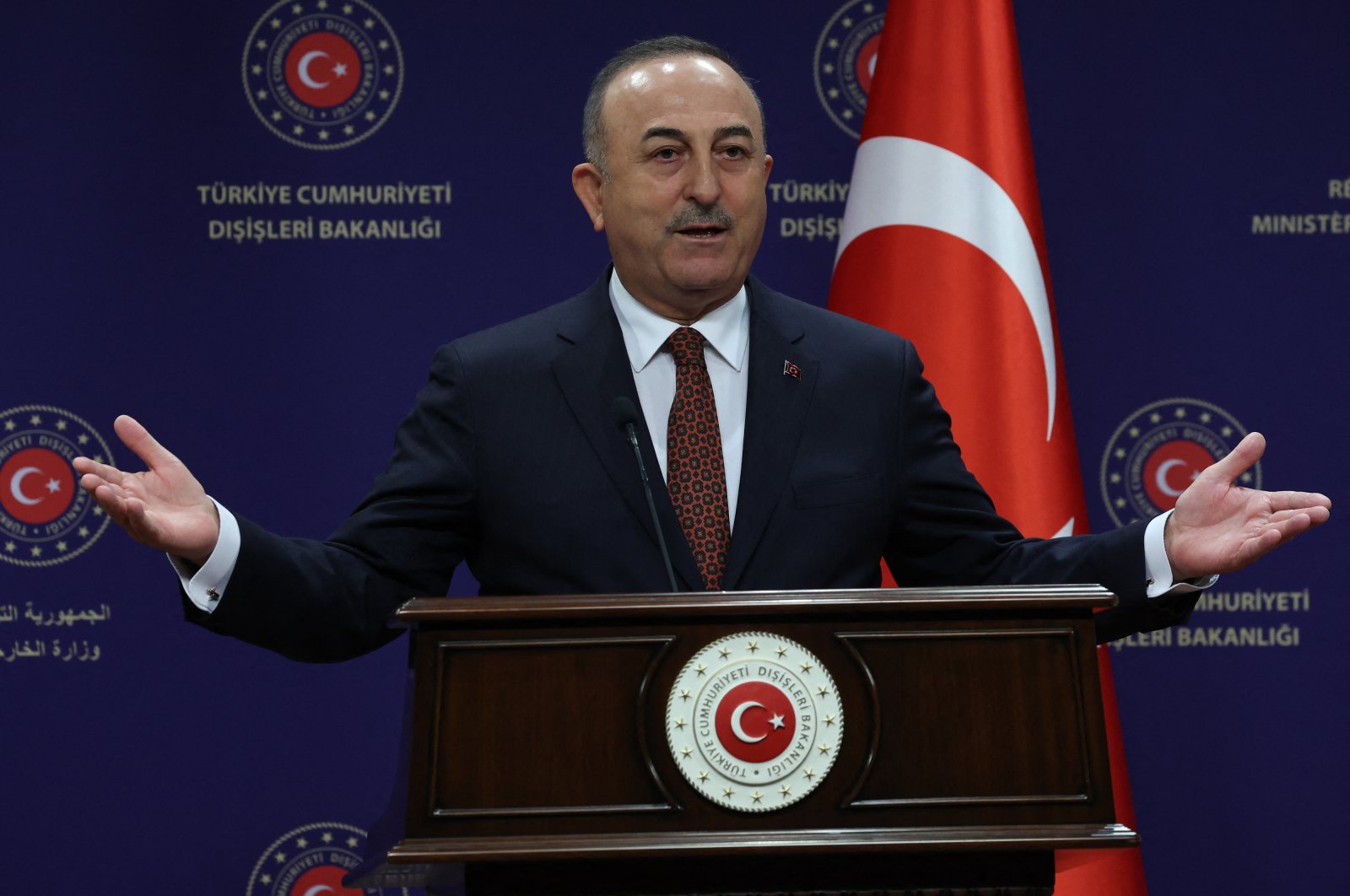Turkish Foreign Minister Mevlüt Çavuşoğlu speaks during a press following his meeting with his Thailand&#039;s counterpart (not pictured) in Ankara, Jan. 26, 2023. (AFP Photo)