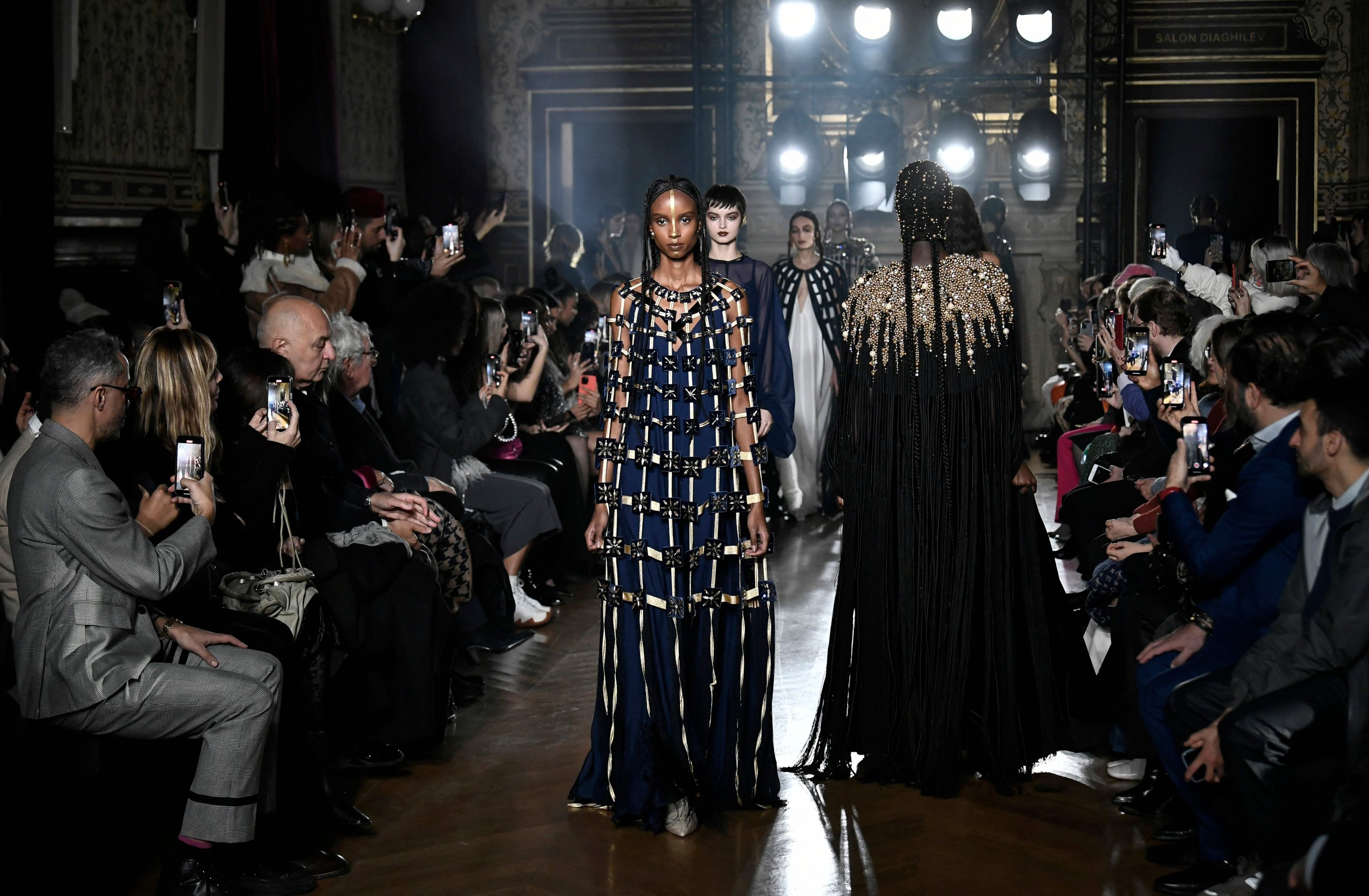 Models present creations for Maison Sara Chraibi during Haute-Couture Spring-Summer 2023 Fashion Week in Paris, France, January 26, 2023.  (AFP Photo)