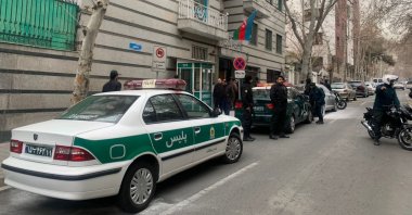 Police cars wait in front of the Azerbaijani Embassy in Tehran, Iran, Jan. 27, 2022. (AA Photo)