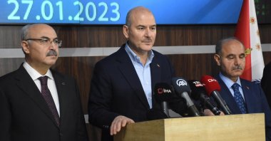 Interior Minister Süleyman Soylu speaks during the news conference after the "Rooting Out" anti-drug operation, Izmir, Türkiye, Jan. 27, 2023. (DHA Photo)