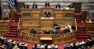 Greek Prime Minister Kyriakos Mitsotakis delivers a speech, during a parliamentary debate on the motion of censure, Athens, Greece, Jan. 27, 2023. (AFP Photo)