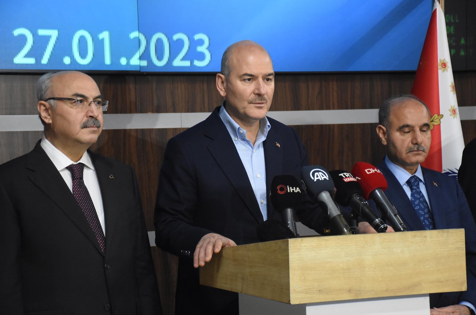Interior Minister Süleyman Soylu speaks during the news conference after the "Rooting Out" anti-drug operation, Izmir, Türkiye, Jan. 27, 2023. (DHA Photo)