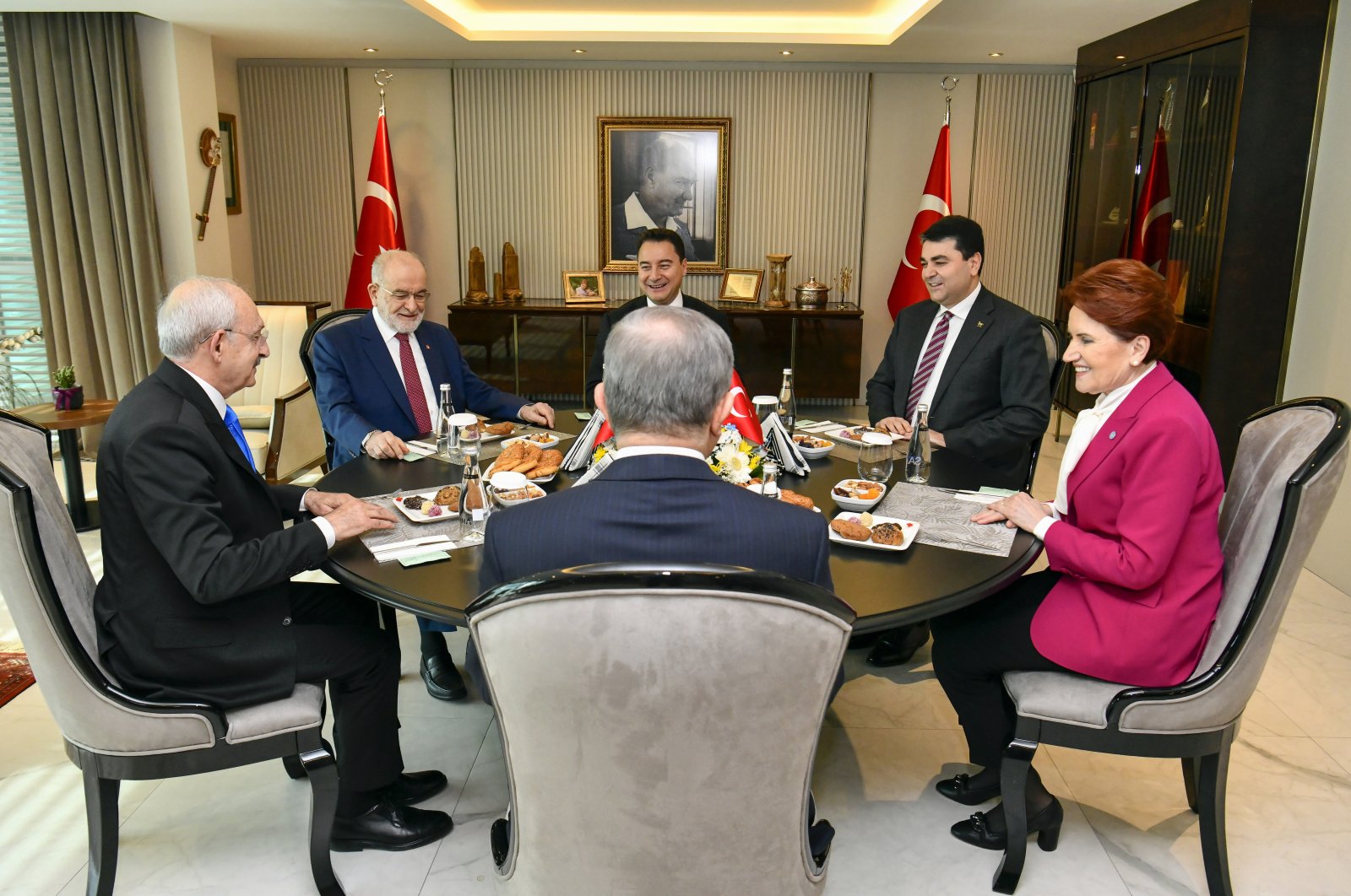 Heads of the six opposition parties making up the "table for six" during their meeting in Ankara, Türkiye, Jan. 26, 2023. (EPA Photo)