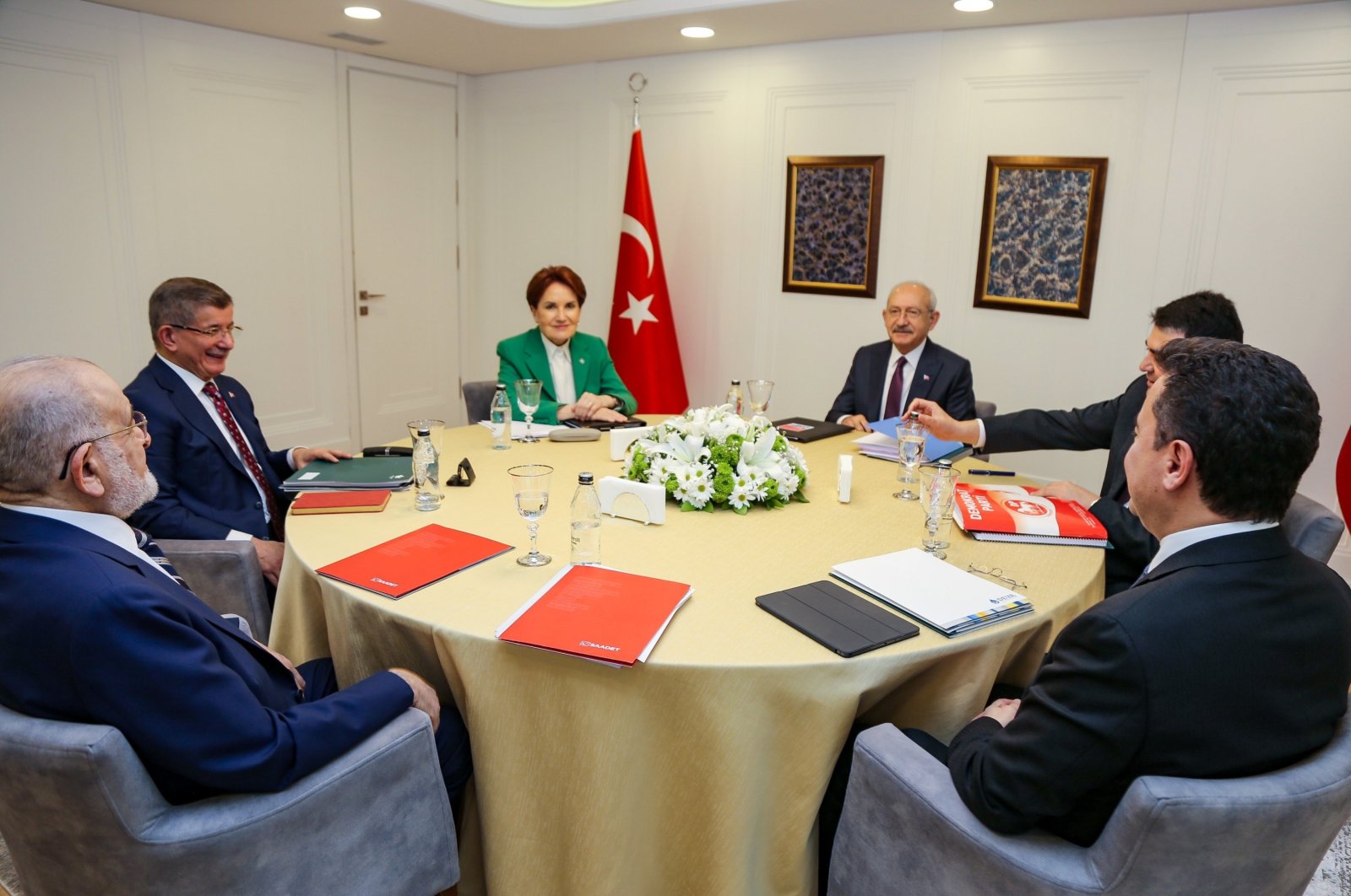 Representatives from Türkiye&#039;s six opposition parties known as "table for six" (L-R): The Felicity Party (SP) Chairperson Temel Karamollaoğlu, Future Party (GP) Chairperson Ahmet Davutoğlu, Good Party (IP) Chairperson Meral Akşener, the Republican People&#039;s Party (CHP) Chairperson Kemal Kılıçdaroğlu, Democrat Party (DP) Chairperson Gültekin Uysal and Democracy and Progress Party (DEVA) Chairperson Ali Babacan pose ahead of a meeting, in capital Ankara, Türkiye, Jan. 5, 2022. (IHA Photo)