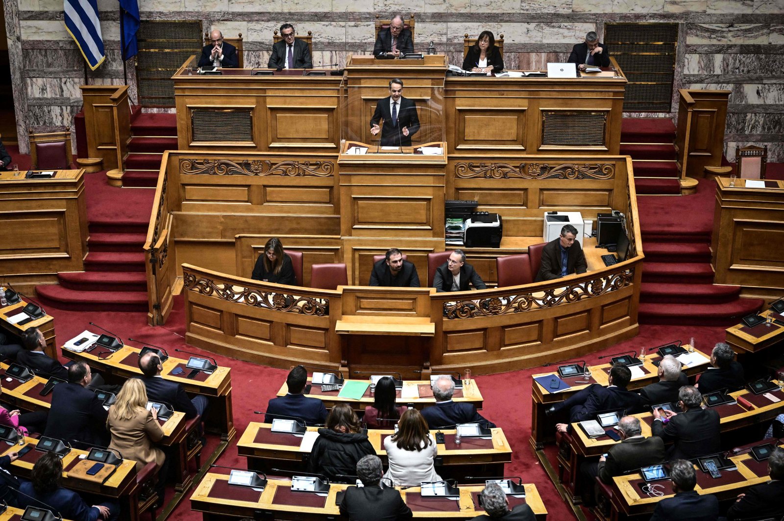Greek Prime Minister Kyriakos Mitsotakis delivers a speech, during a parliamentary debate on the motion of censure, Athens, Greece, Jan. 27, 2023. (AFP Photo)