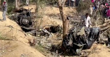 A general view of the debris of a crashed aircraft in Bharatpur, Rajasthan, India, Jan. 28, 2023. (Reuters Photo)
