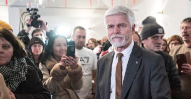 Presidential candidate Petr Pavel meets with supporters during in the presidential elections in Cernoucek village, Czech Republic, Jan. 27, 2023. (AFP Photo)