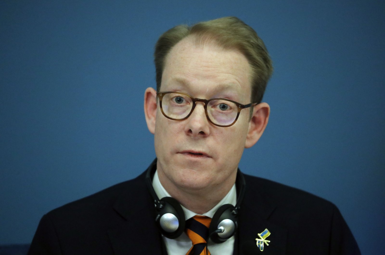Swedish Foreign Minister Tobias Billstrom attends a press conference after his meeting with Latvian Foreign Minister Edgars Rinkevics (not pictured) in Riga, Latvia, Jan. 27, 2023. (EPA Photo)
