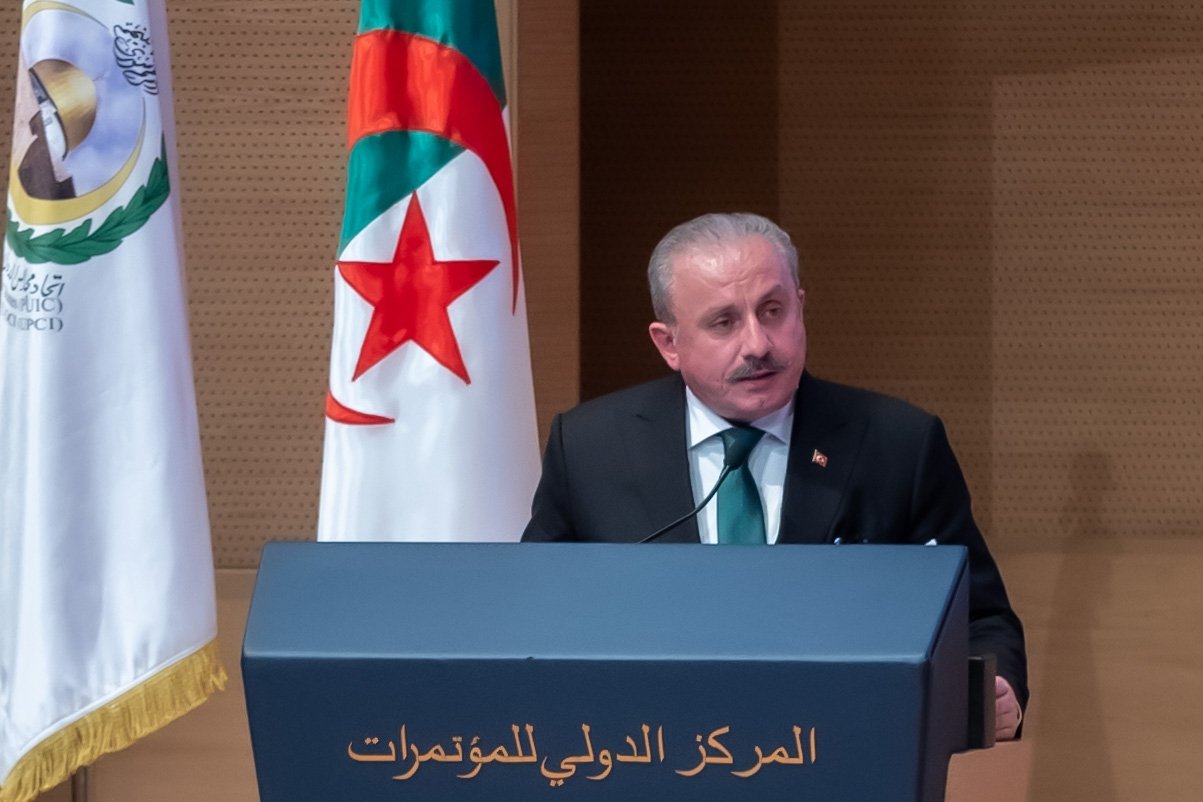 Parliament speaker Mustafa Şentop is seen at the 17th session of the Parliamentary Union of the Organization of Islamic Cooperation Member States (PUIC) in Algeria, Jan. 29, 2023 (AA Photo)