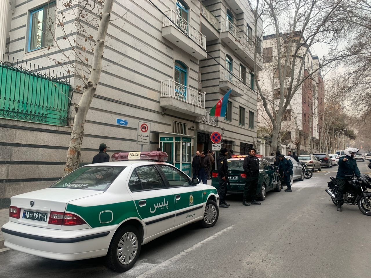 Police cars wait in front of the Azerbaijani Embassy in Tehran, Iran, Jan. 27, 2022. (AA Photo)