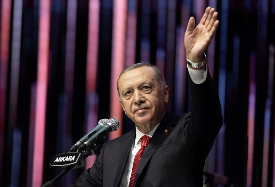 President Recep Tayyip Erdoğan greets the audience at &#039;Century of Türkiye&#039; meeting in Ankara, Türkiye, Oct. 28, 2022. (Reuters Photo)