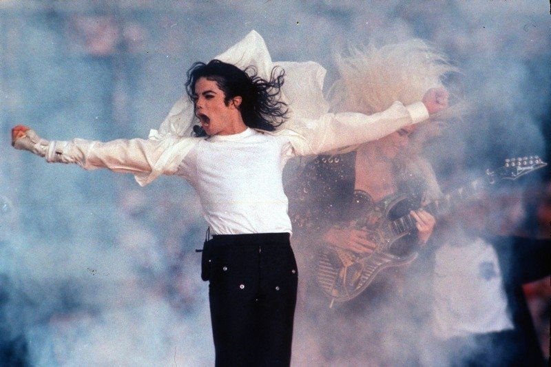 Pop superstar Michael Jackson performing during the halftime show at the Super Bowl in Pasadena, Calif, Feb. 1, 1993. (AP File Photo)