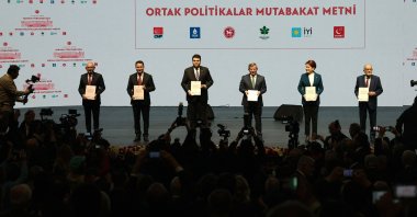 The leaders of the opposition bloc pose on stage before presenting the election program, in the capital Ankara, Türkiye, Jan. 30, 2023. (AFP Photo)