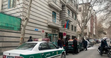 Police cars wait in front of the Azerbaijani Embassy in Tehran, Iran, Jan. 27, 2022. (AA Photo)