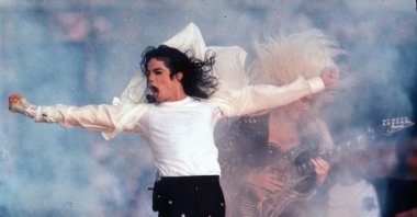 Pop superstar Michael Jackson performing during the halftime show at the Super Bowl in Pasadena, Calif, Feb. 1, 1993. (AP File Photo)