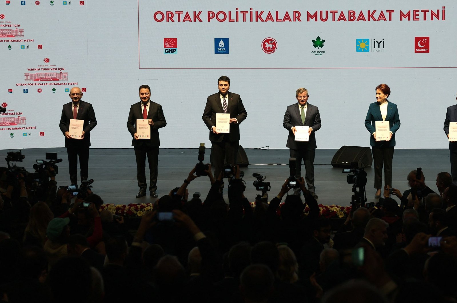 The leaders of the opposition bloc pose on stage before presenting the election program, in the capital Ankara, Türkiye, Jan. 30, 2023. (AFP Photo)