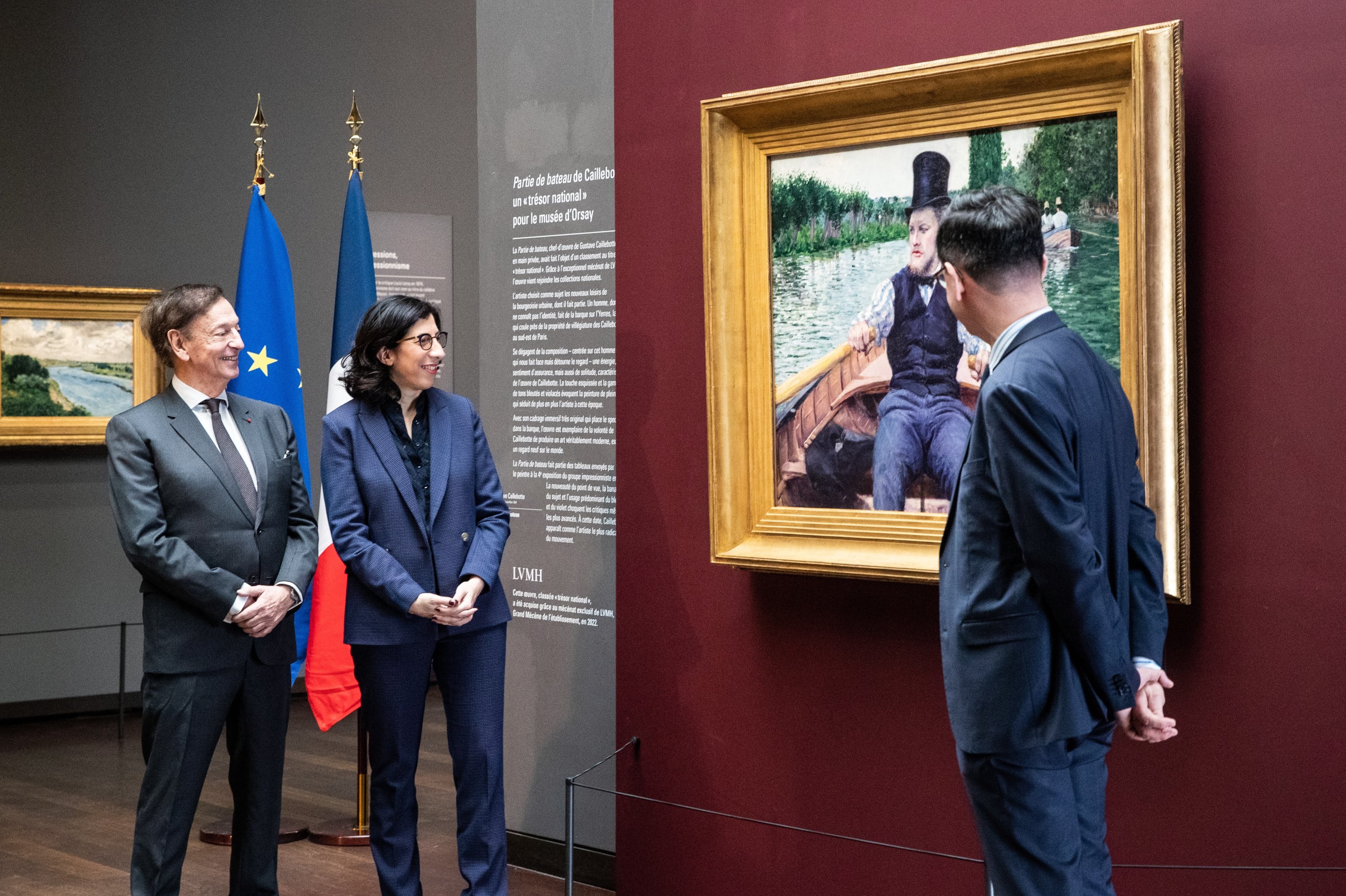 French Minister of Culture Rima Abdul Malak (C), LVMH Group's Patronage Advisor Jean-Paul Claverie (L) and President of Orsay Museum Christophe Leribault (R) attend the presentation of the painting 