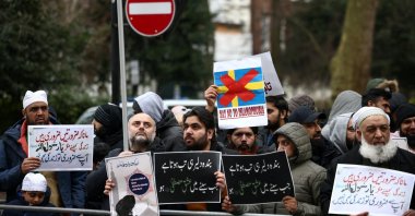 People attend a protest following the burning of the Quran in Stockholm, outside the Swedish Embassy in London, Britain, Jan. 28, 2023. (Reuters Photo)