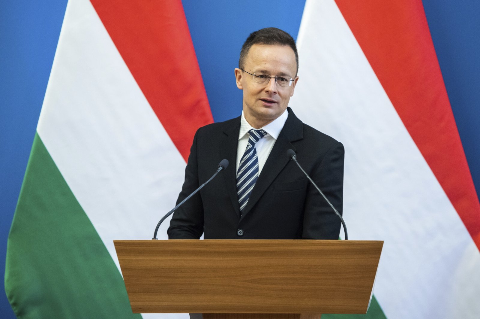 Hungarian Minister of Foreign Affairs and Trade Peter Szijjarto holds a joint news conference with Mikayil Jabbarov, Minister of Economу of the Republic of Azerbaijan in Szijjarto&#039;s office in Budapest, Hungary, Tuesday, Jan. 24, 2023. (AP File Photo)