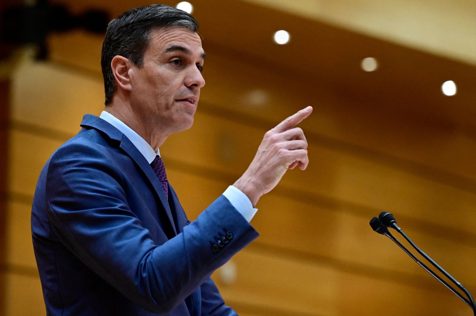 Spanish Prime Minister Pedro Sanchez speaks during a plenary session at the Senate in Madrid, on Jan. 31, 2023. (AFP Photo)