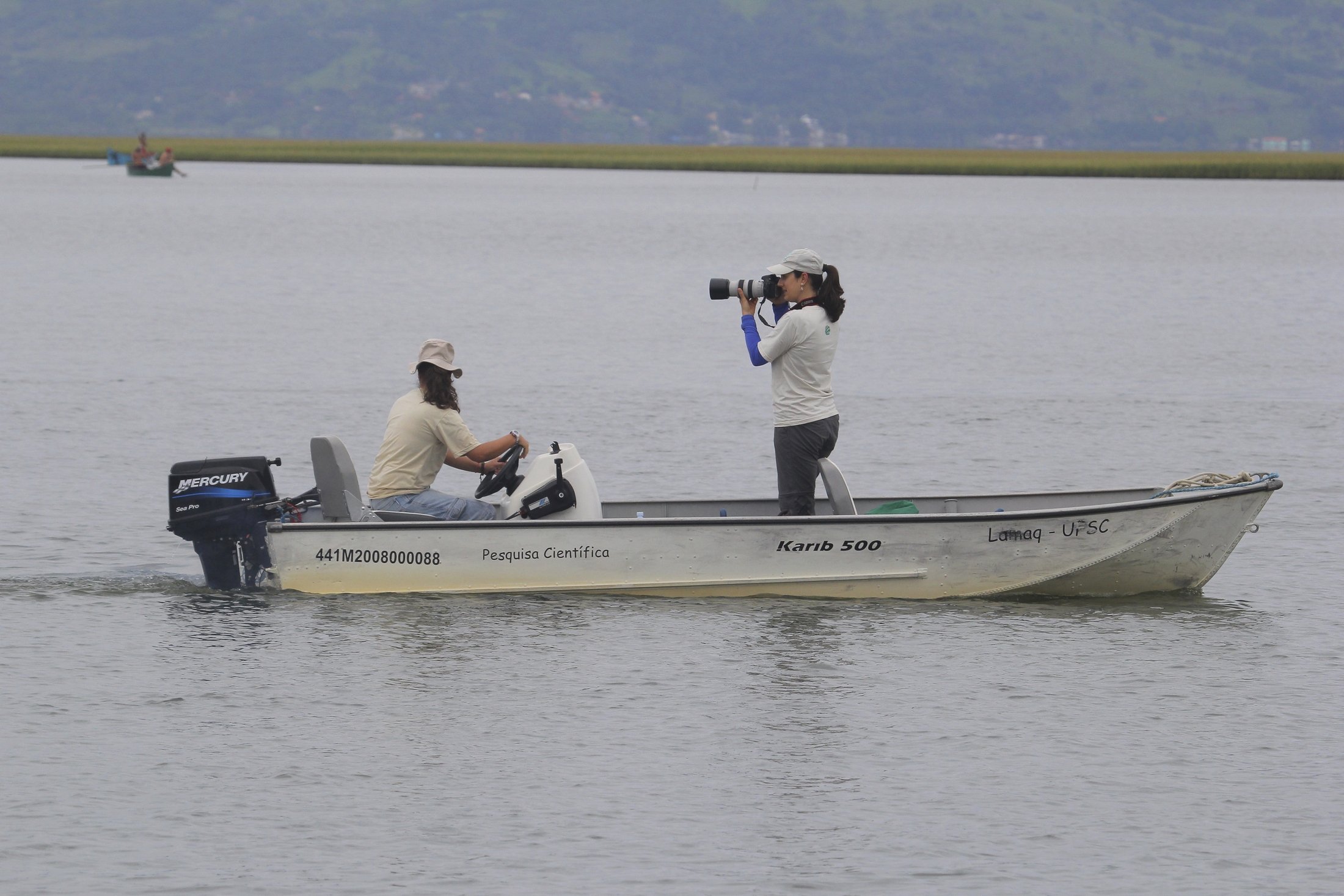 Araştırmacılar, yunusun sırt yüzgecini fotoğraflamak için dijital kameralar kullanıyor, Laguna, Brezilya, 2019. (AP Fotoğrafı)