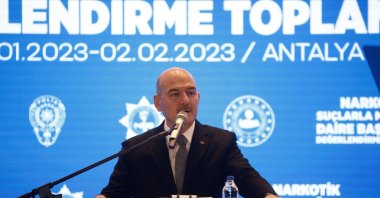 Minister of Interior, Süleyman Soylu, delivers a speech at the Anti-Narcotic Crimes Evaluation Meeting, Antalya, Jan. 31, 2023. (AA Photo)