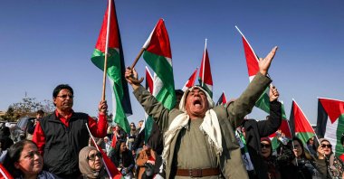 Palestinians and Israeli left-wing activists demonstrate against the evacuation of Bedouins in the village of Khan al-Ahmar, occupied West Bank, Palestine, Jan. 23, 2023. (AFP Photo)