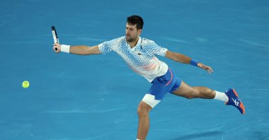 Serbia&#039;s Novak Djokovic plays a forehand in the quarterfinal singles match against Andrey Rublev during Day Ten of the 2023 Australian Open at Melbourne Park, Melbourne, Australia, Jan. 25, 2023. (Getty Images Photo)