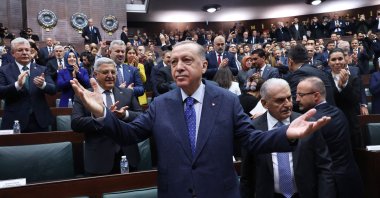 President Recep Tayyip Erdoğan gestures as he arrives at the parliamentary group meeting, in the capital Ankara, Türkiye, Feb. 1, 2023. (AFP Photo) 