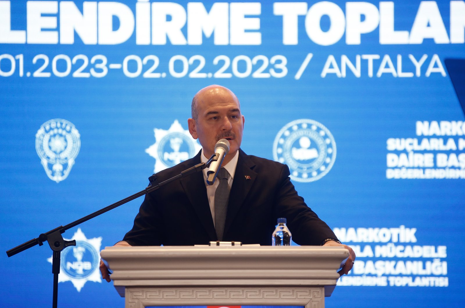 Minister of Interior, Süleyman Soylu, delivers a speech at the Anti-Narcotic Crimes Evaluation Meeting, Antalya, Jan. 31, 2023. (AA Photo)
