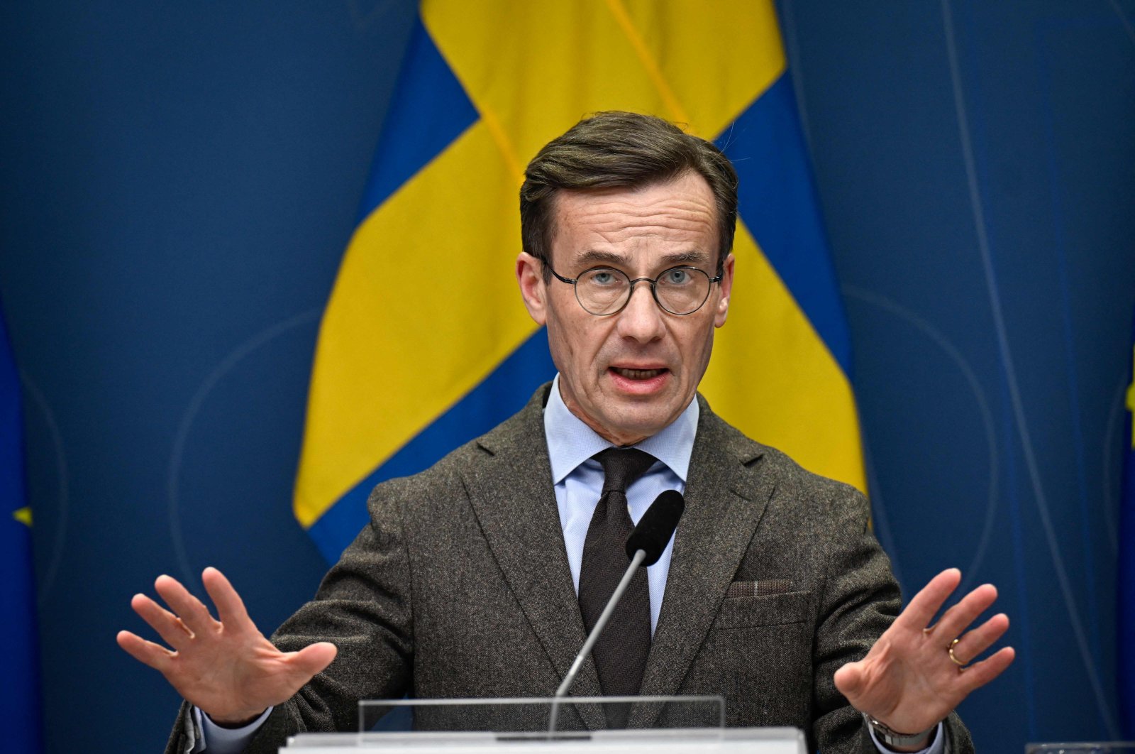 Sweden&#039;s Prime Minister Ulf Kristersson gestures during a press conference on Sweden&#039;s NATO bid in Stockholm, Sweden, Jan. 24, 2023. (AFP Photo)
