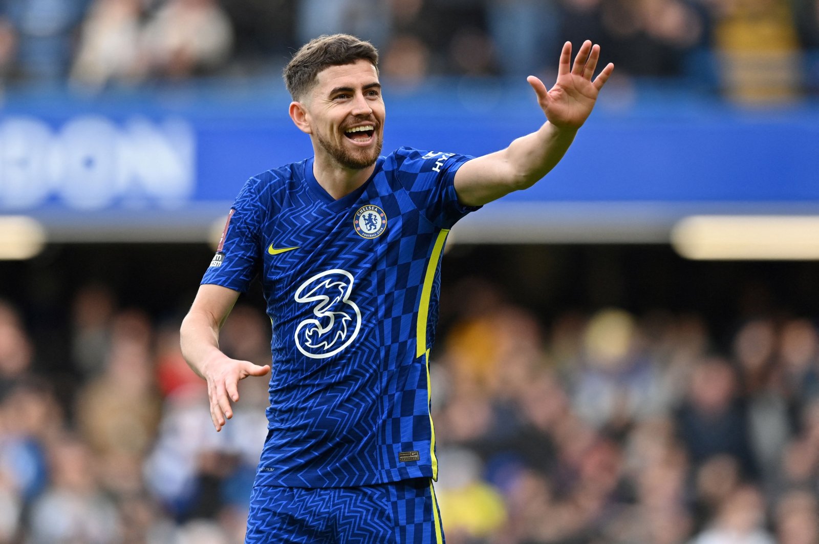 Ex-Chelsea&#039;s Italian midfielder Jorginho reacts after Chelsea take the lead during the English FA Cup fourth round football match against Plymouth Argyle at Stamford Bridge, London, UK., February 5, 2022. (AFP Photo)
